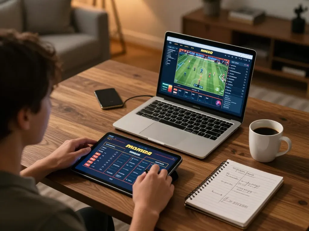 Engaging in online sports betting at MMOO using tablet for strategic gameplay.