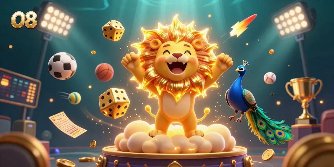 Win big at O8 with vibrant 3D casino illustration showcasing dynamic gaming elements all around.