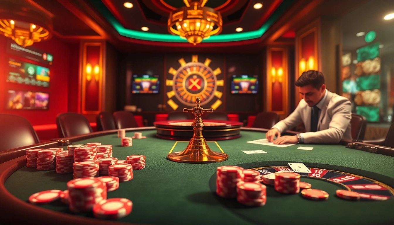 Engaging scene of luxurious gambling at https://we88top.io/ with players at a poker table in a vibrant casino.