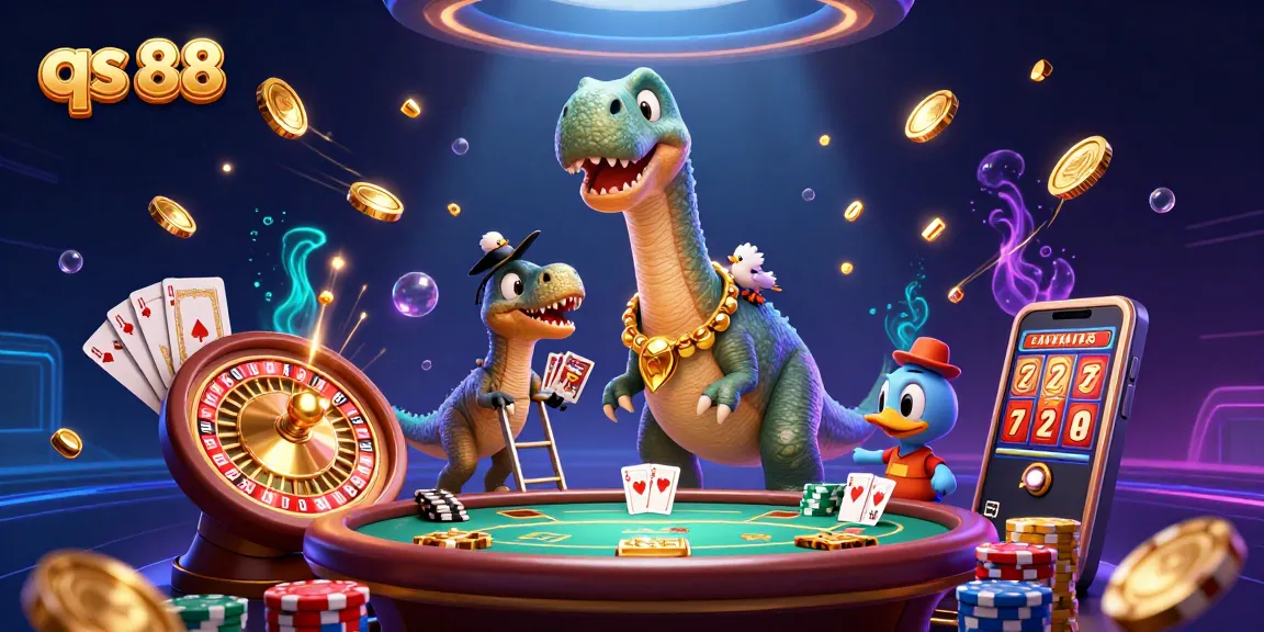 qs 88 showcases a lively casino scene with a towering brontosaurus and clever raptor playing cards.
