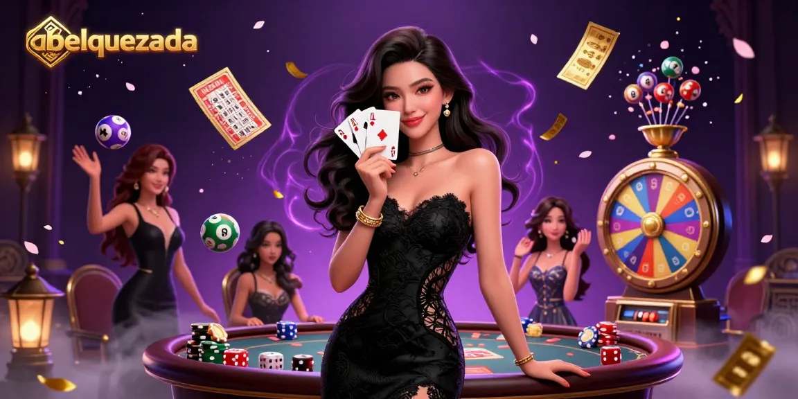 Abelquezada showcases a captivating casino scene with an elegant woman holding playing cards, illuminating the vibrant gambling atmosphere.