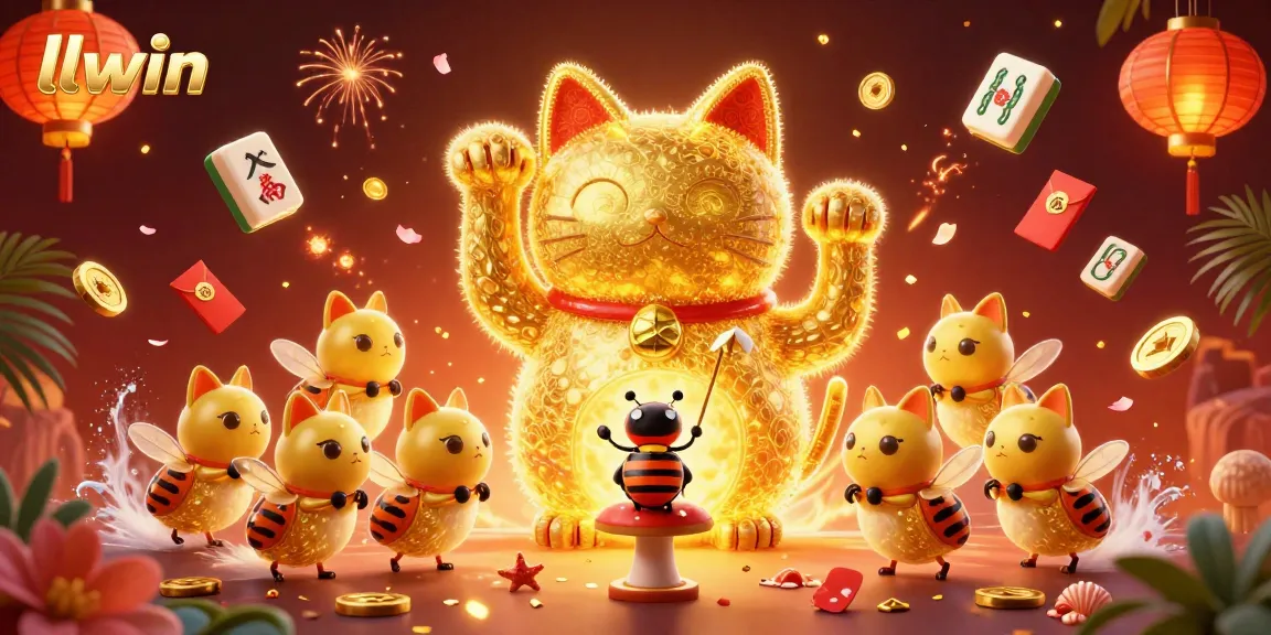Experience luck at llwin with a giant lucky cat symbolizing winning in this captivating casino scene.