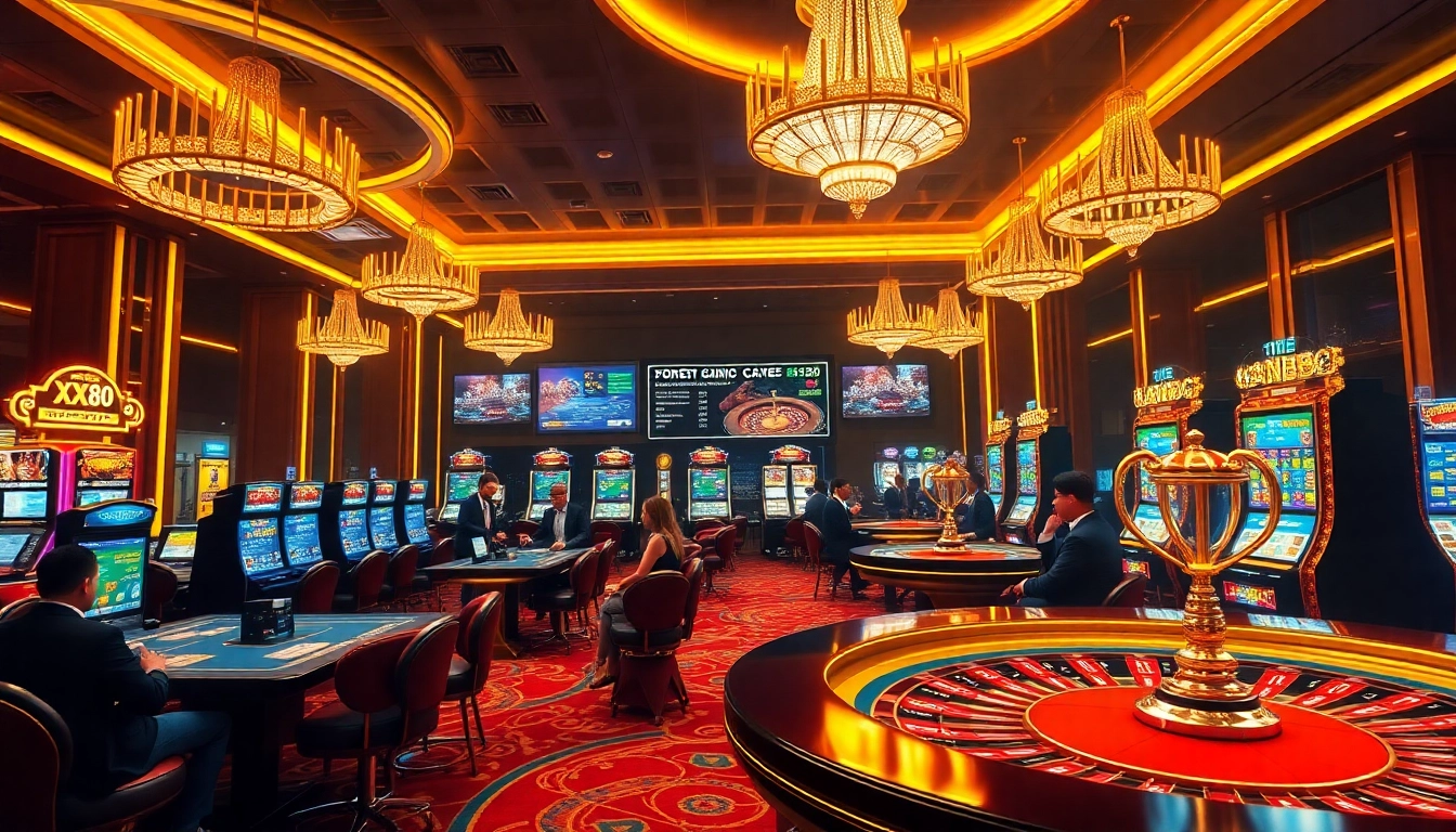 Players enjoying a luxurious gaming experience at XX88 online casino with vibrant tables and slot machines.