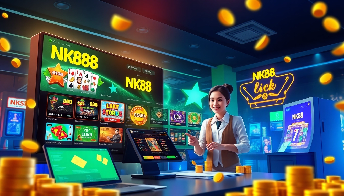Experience the thrill of NK88's online gaming platform with dynamic casino games and vibrant colors.