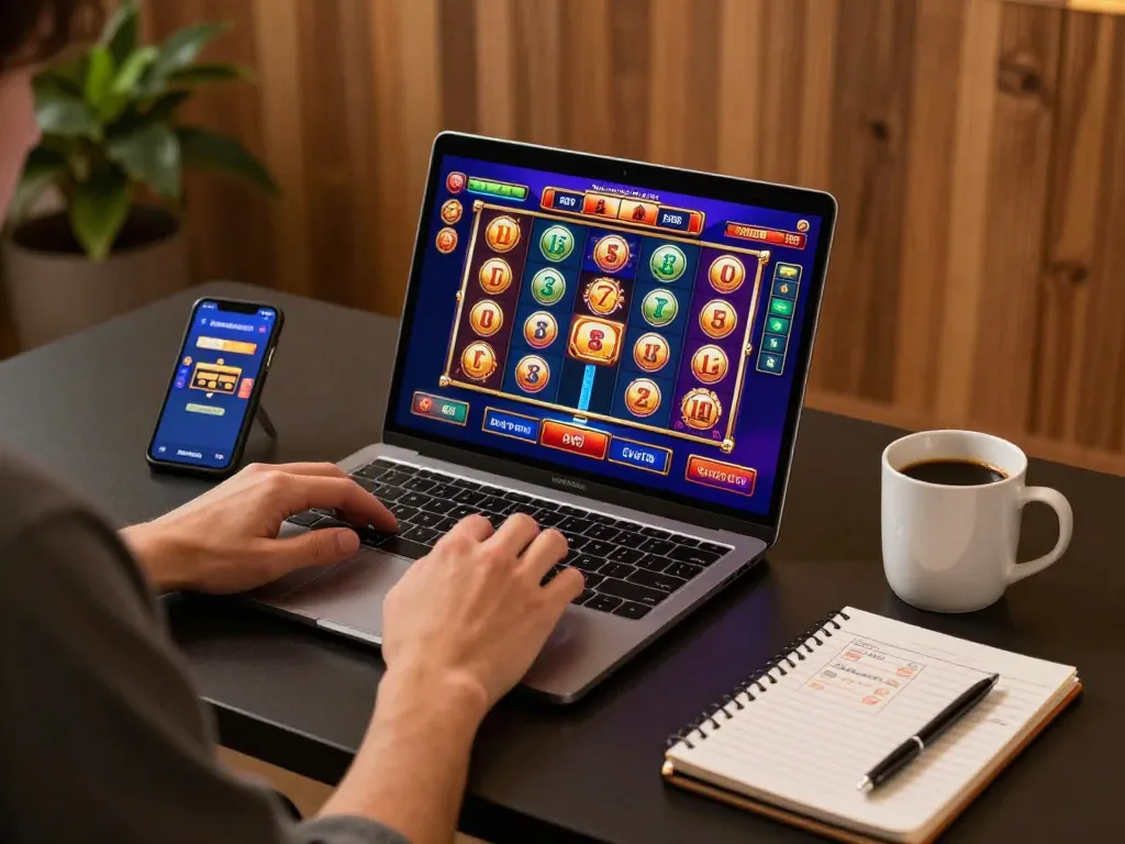 Engaging online gaming scene with lc88 on laptop screen, showcasing vibrant slot interface.