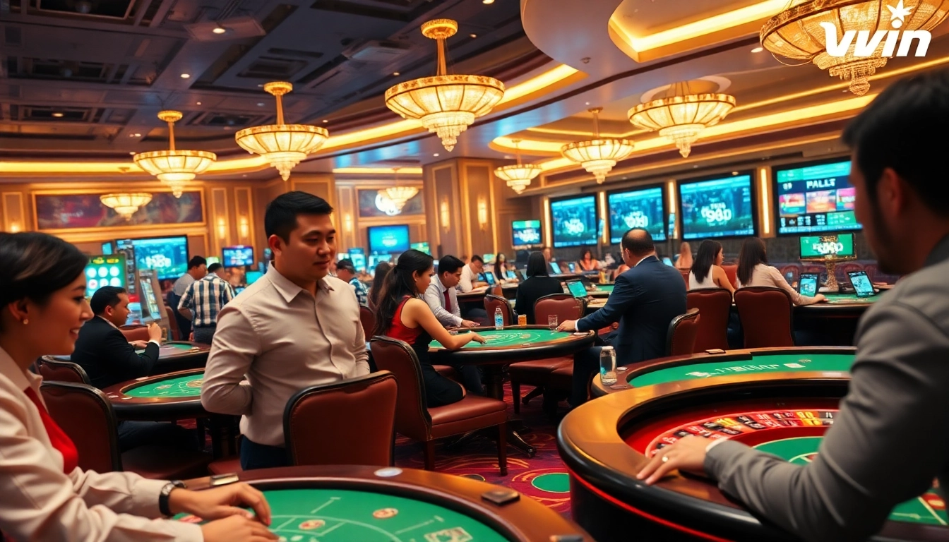 Exciting gaming atmosphere at 98win online casino with players engaged in various games.