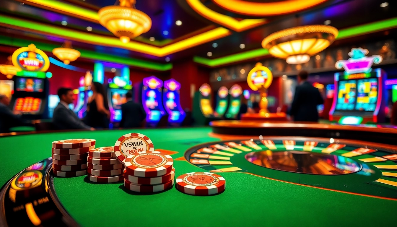 VSWIN branding displayed on poker chips in a luxurious casino setting, showcasing players enjoying games.