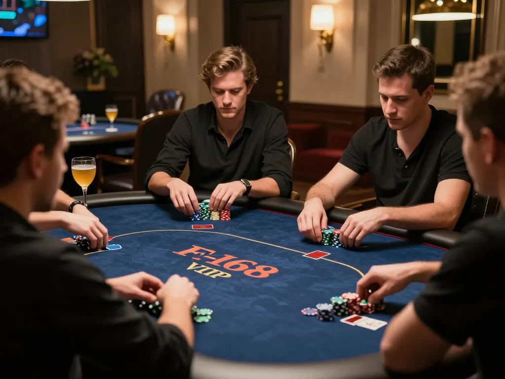 Engaged players at an F168 VIP poker table strategizing their next moves with chips stacked high