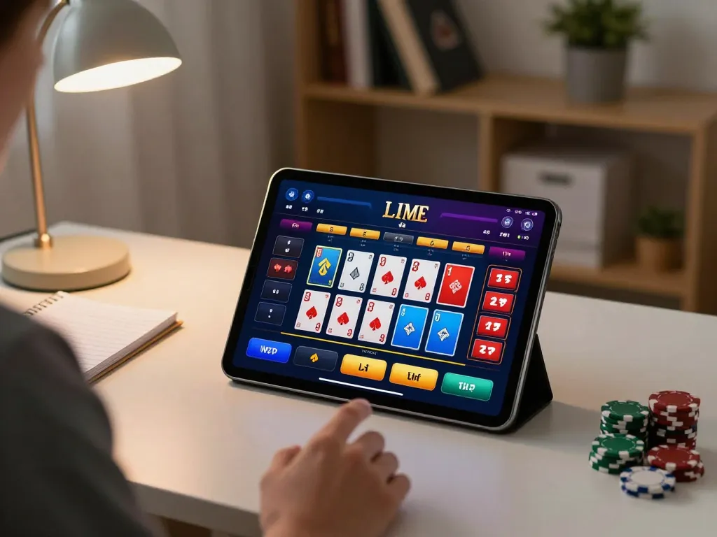 Engaging in online casino gameplay on tablet with link ok365 displayed on screen, showcasing vibrant gaming interface.