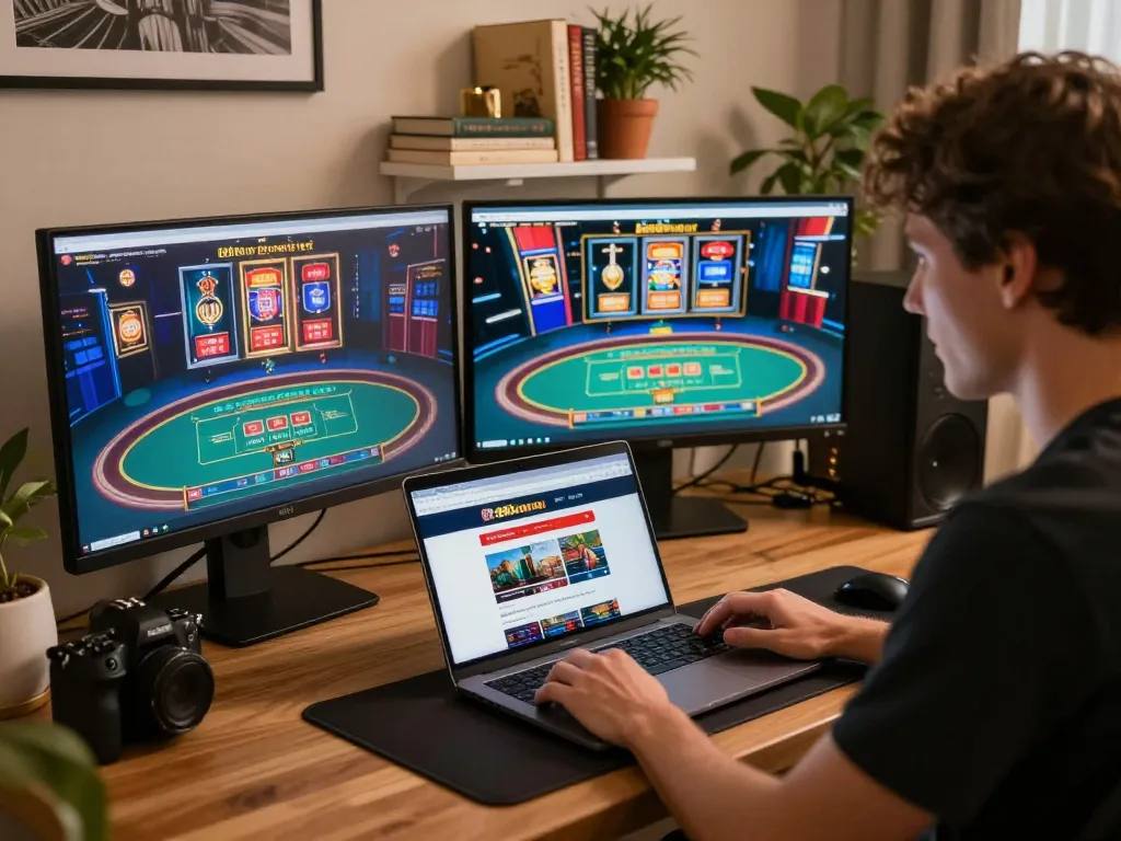 Player enjoying casino games on 888new website from cozy home office setup.
