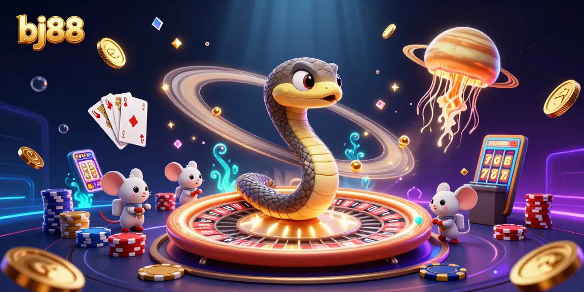 Spin and win at bj88 with a dynamic scene of a cosmic dealer and astronaut mice betting on Saturn's roulette rings.