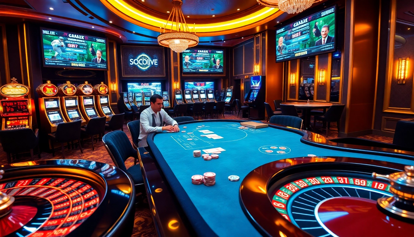 Socolive showcases thrilling casino experiences with players engaged in poker and live sports betting.