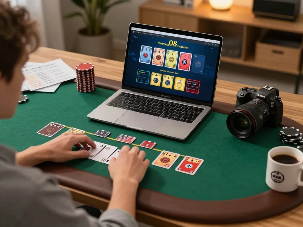 Player enjoying blackjack with O8 platform on laptop, immersed in online gambling.