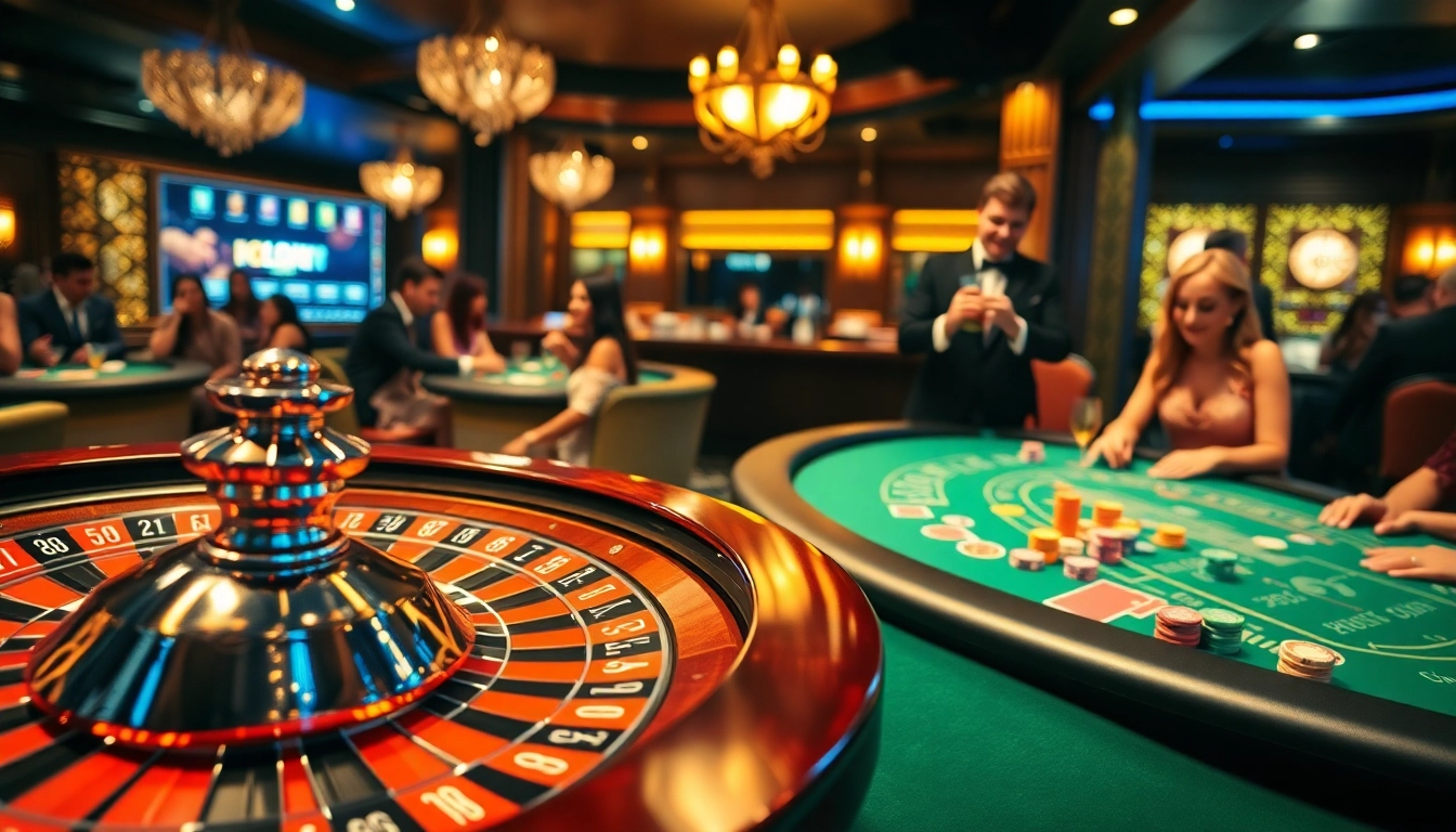 Hitclub gaming enthusiasts enjoying a vibrant casino atmosphere with roulette and poker tables.