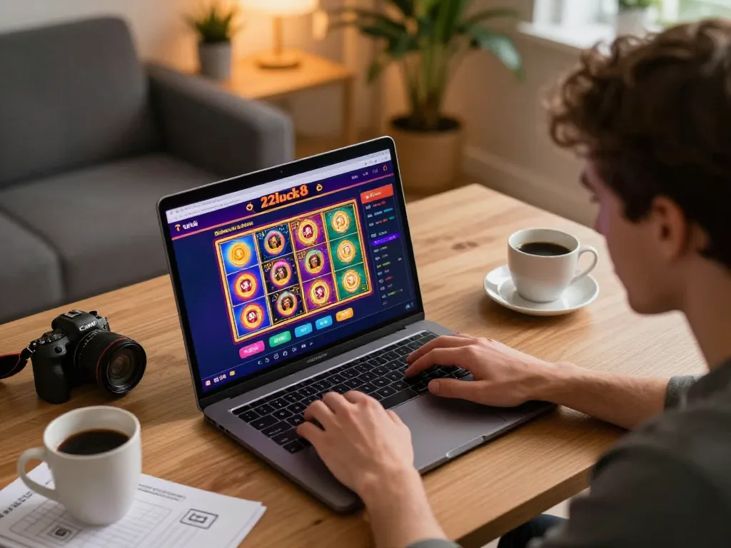 User experiencing online gaming on 22luck8 platform in a cozy home office setting with strategic notes.