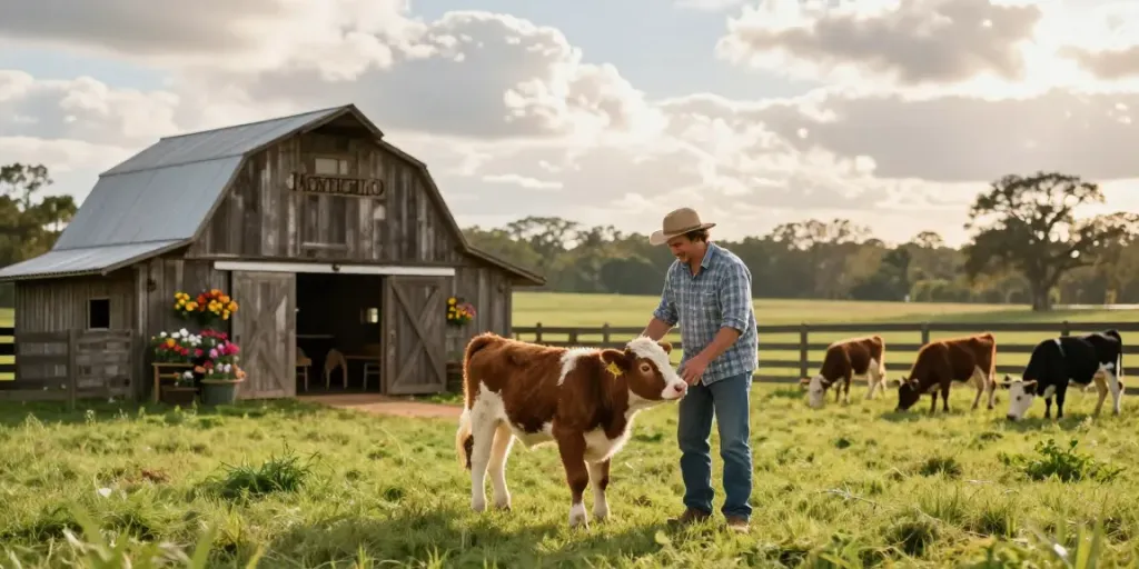 Miniature cows for sale at a family-run farm in Florida, featuring a friendly farmer and playful Mini Highland calf.