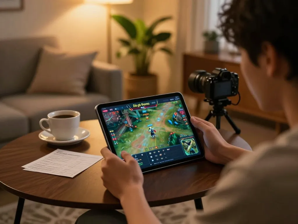 Engaging player watching Đá gà thomo live on a tablet, showcasing strategic online gambling atmosphere.