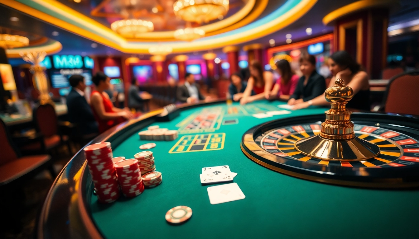 MM88 players enjoying vibrant casino games with poker chips and a spinning roulette wheel.