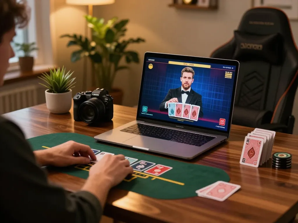 Player engaged in online blackjack at NK88, showcasing strategic gameplay in a cozy home setting.