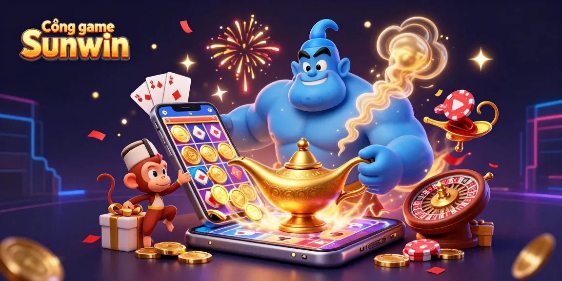 Cổng game Sunwin features a mystical genie, a playful monkey, and a vibrant magic carpet filled with poker chips.