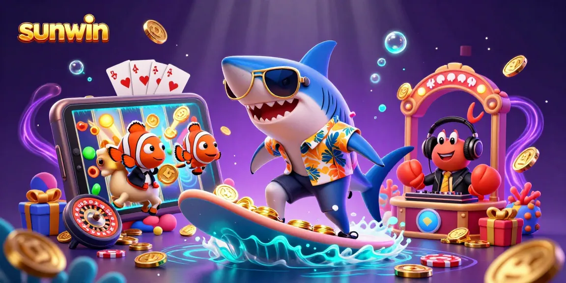Join the sunwin adventure with a shark and clownfish amid casino chaos and gold.