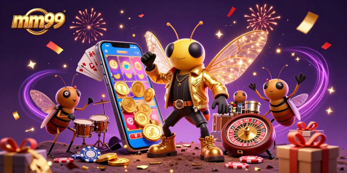 Engage with dynamic mm99 gaming elements as a cicada rock star performs amid celebratory visuals.