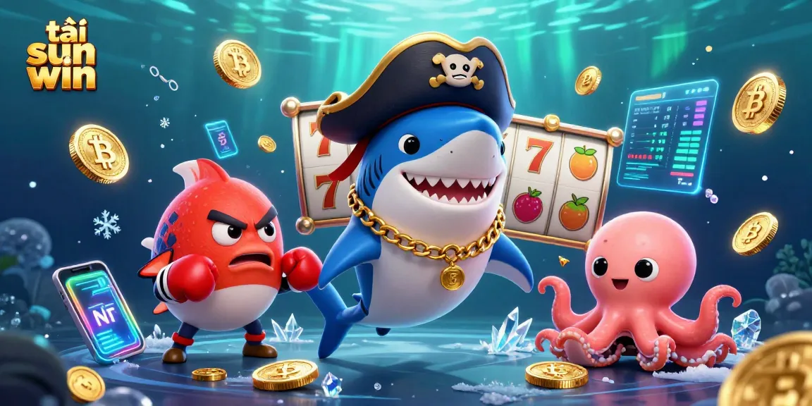 Tải sun win to experience thrilling casino action with a cartoon pirate shark, pufferfish, and octopus.