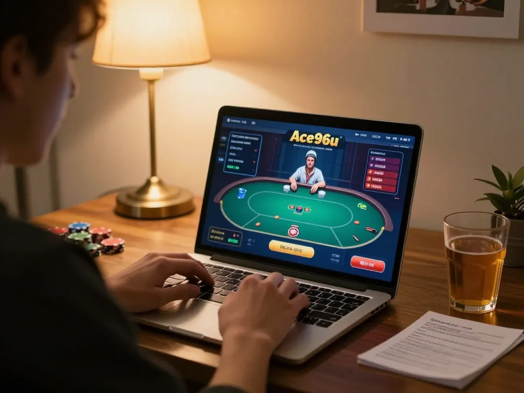 A player enjoys a poker game on Ace96au from their cozy home workspace, highlighting online gambling engagement.