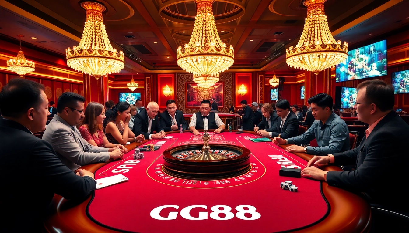 Exciting GG88 casino experience with roulette wheels and poker chips highlighting a luxurious gaming atmosphere.