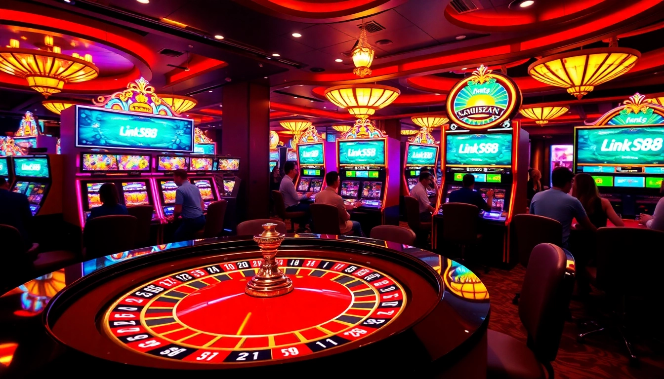 Engaging casino atmosphere with games, displaying Link SC88 for dynamic gambling experiences.
