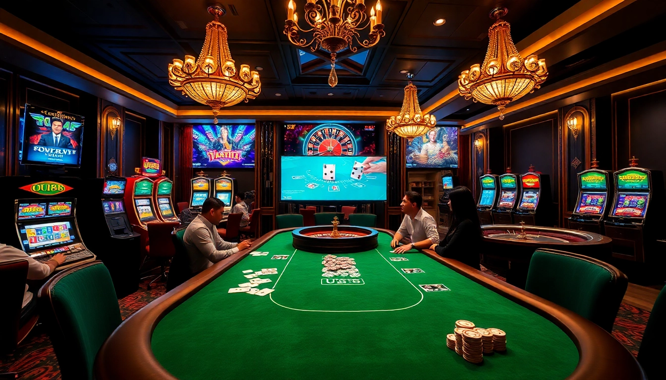 Players enjoying thrilling games at UU88 casino tables with vibrant slot machines in the backdrop.