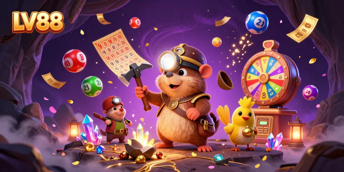 Experience excitement with LV88, where a treasure hunter mole discovers riches in a vibrant gambling setting.