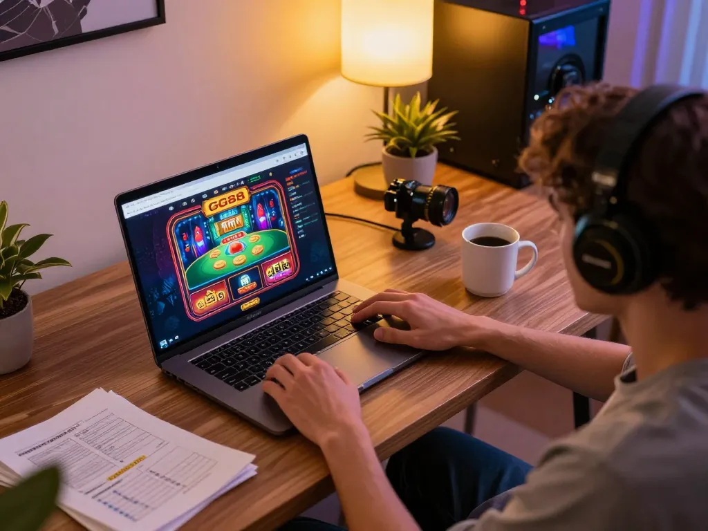 GG88 gaming experience with player engaged in online casino on laptop, cozy home setup and warm lighting