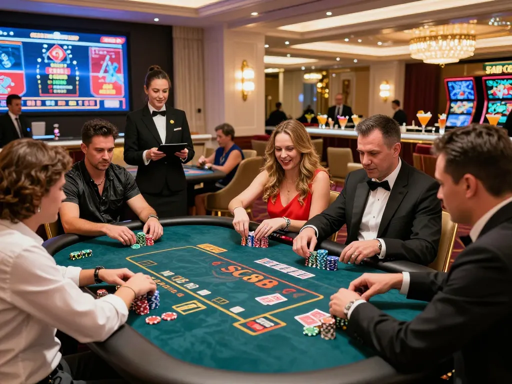 Exciting gameplay at SC88 casino featuring players at the table with vibrant chips and cards in a luxurious setting.