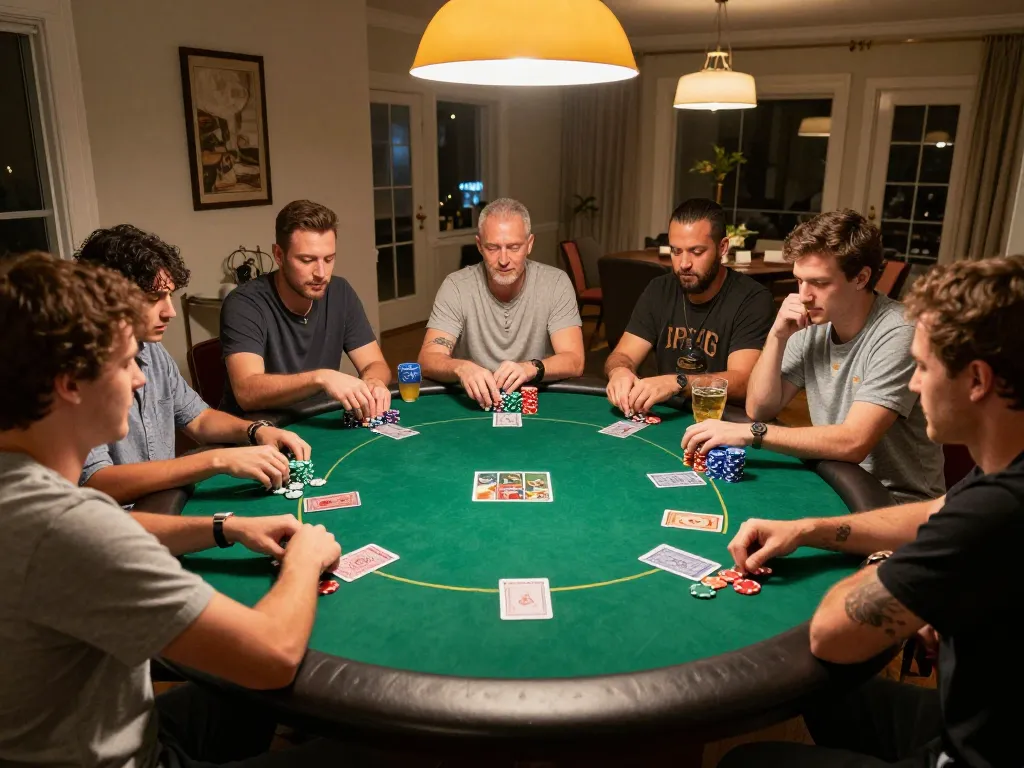 Players enjoying a friendly game of Texas Hold'em at home with 123WIN poker cards and chips.