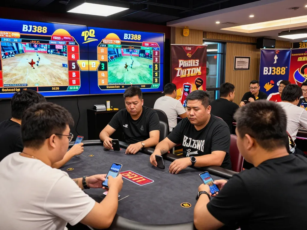 Engaged bettors at BJ388 placing bets during exciting live cockfighting matches in a vibrant, modern lounge.