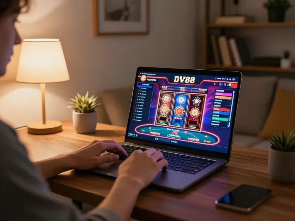 Player engaging in online DV88 gaming at home, vibrant casino interface on screen, cozy environment