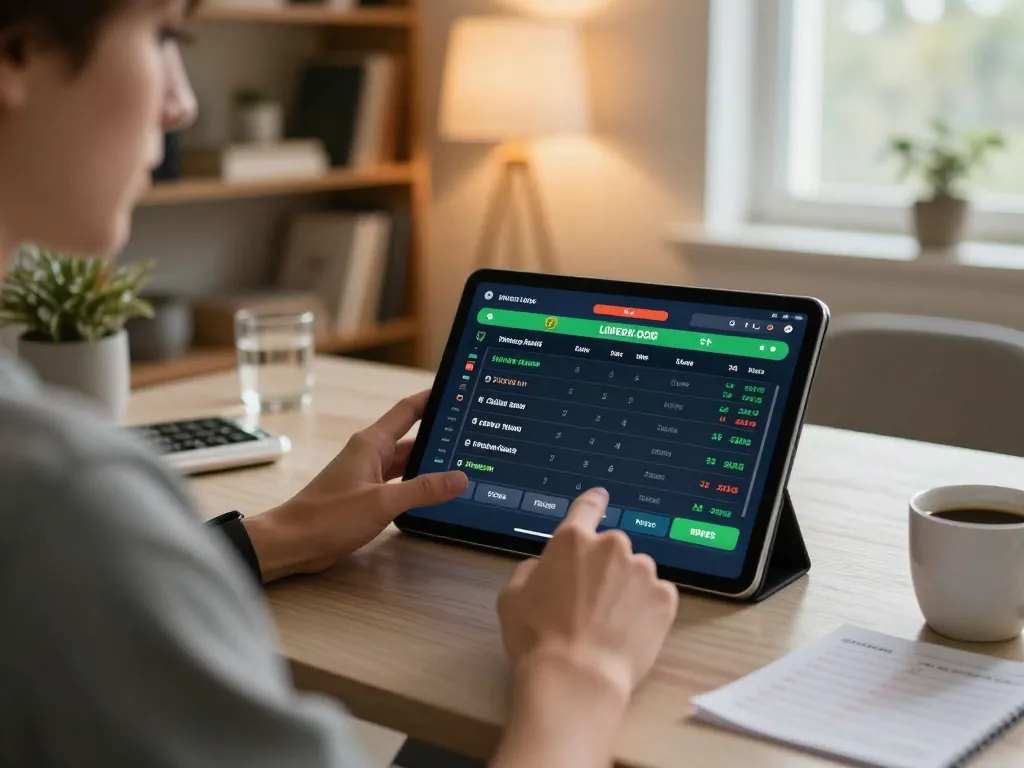 33win user actively placing sports bets on a tablet in a cozy home office environment.