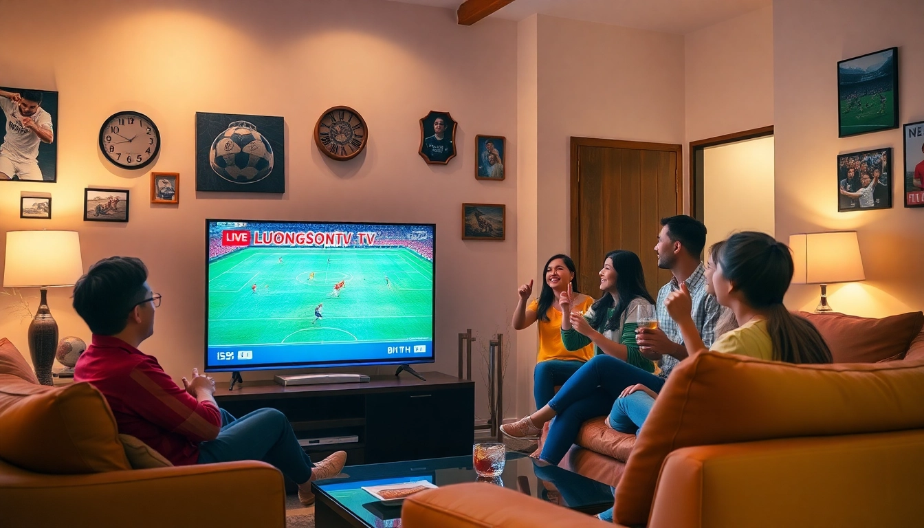 Engaging scene of friends watching Luong Sơn TV live football match in a cozy living room.