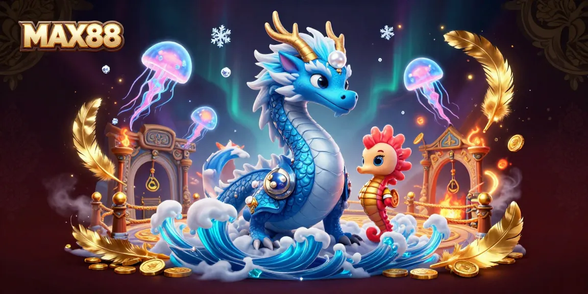 Engage with MAX88 in a vibrant casino scene featuring a majestic water dragon and a seahorse knight.