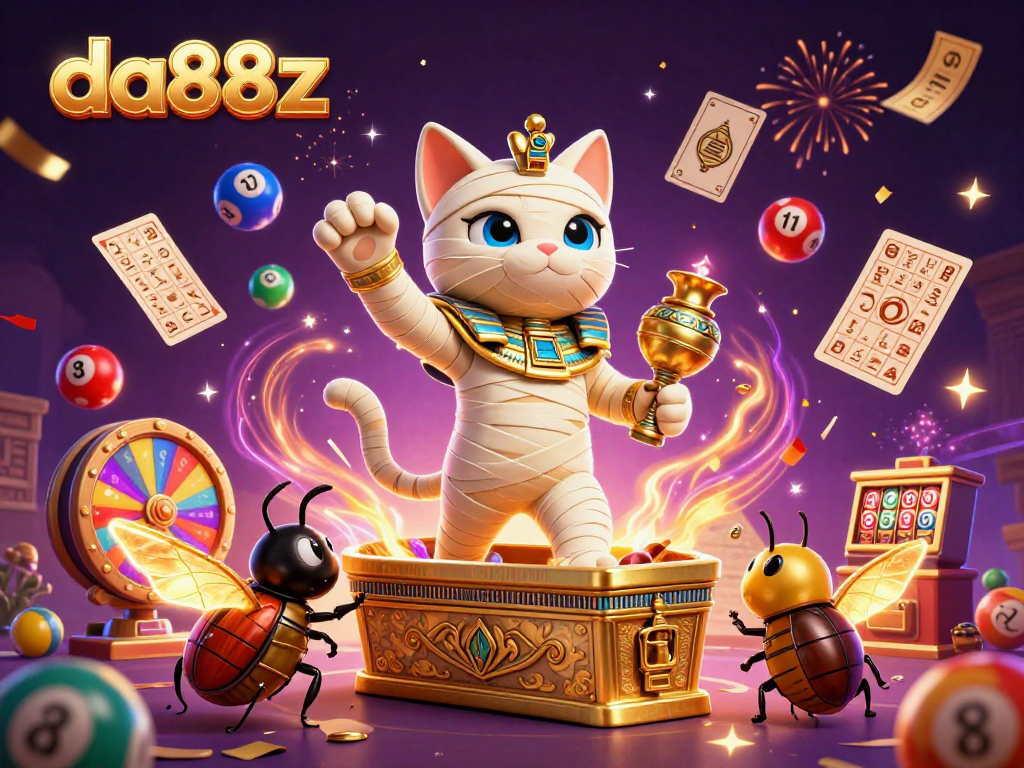Experience the thrill of gaming with da88z, featuring a mummy cat and vibrant casino elements.