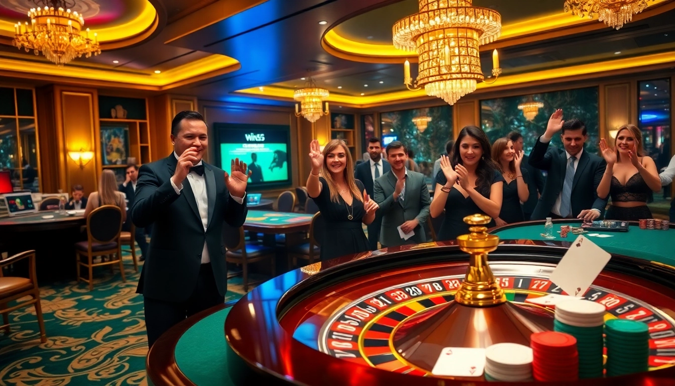 Win55 players enjoying a thrilling casino experience with vibrant cards and chips.