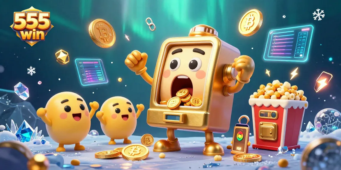 Win big and celebrate with the lively 555 win golden slot machine, surrounded by cheering companions and vibrant crypto elements.