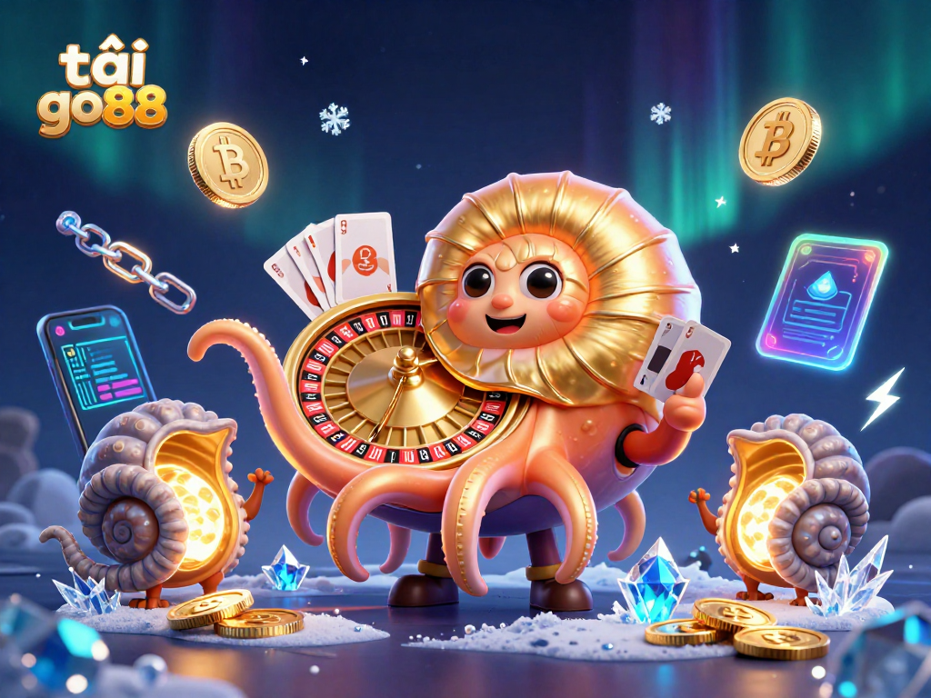 Play and win with tải go88 featuring a 3D nautilus roulette wheel and glowing crypto elements.