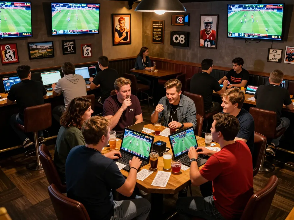 Excited bettors engage in live sports betting at o8net3 with multiple screens showcasing games and odds.