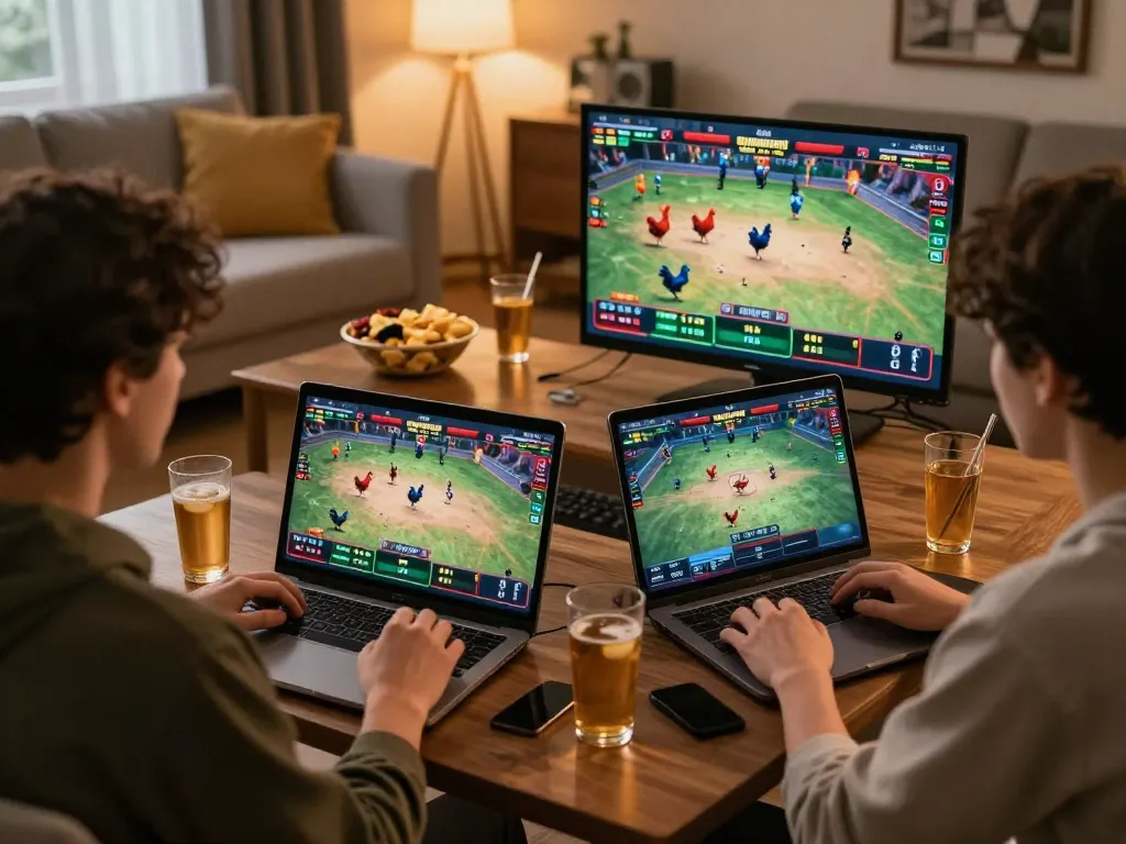 Engaging in đá gà trực tuyến with friends using laptops in a cozy home setting, highlighting interactive betting.