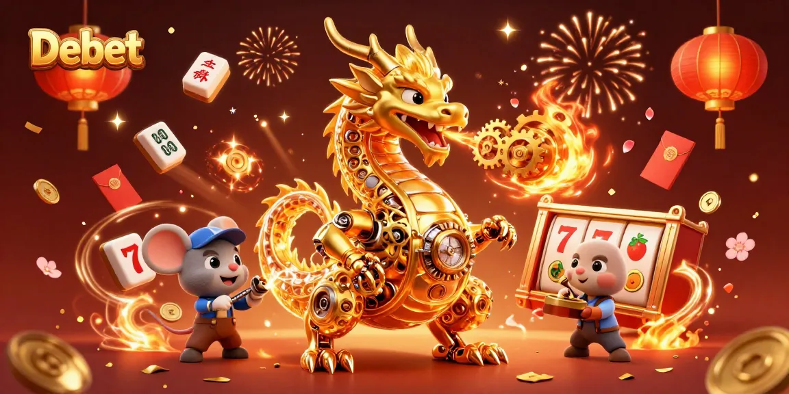 Engage with Debet by spinning slot reels amidst a gold and crimson celebration atmosphere.
