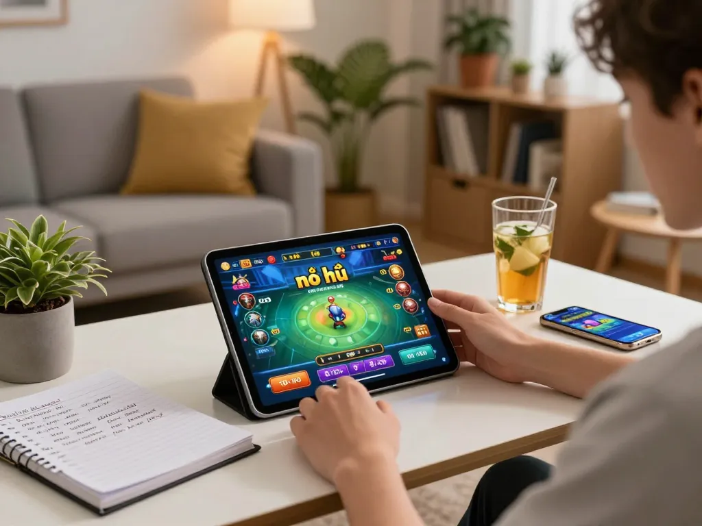 Engaging with game nổ hũ on a tablet, surrounded by a cozy home gaming setup with strategic notes.
