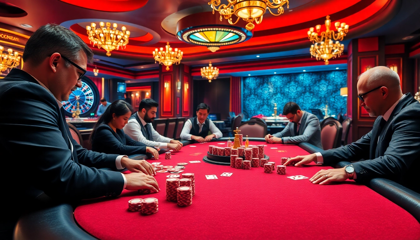 Players enjoy a thrilling poker game at QQ88's luxurious casino table.