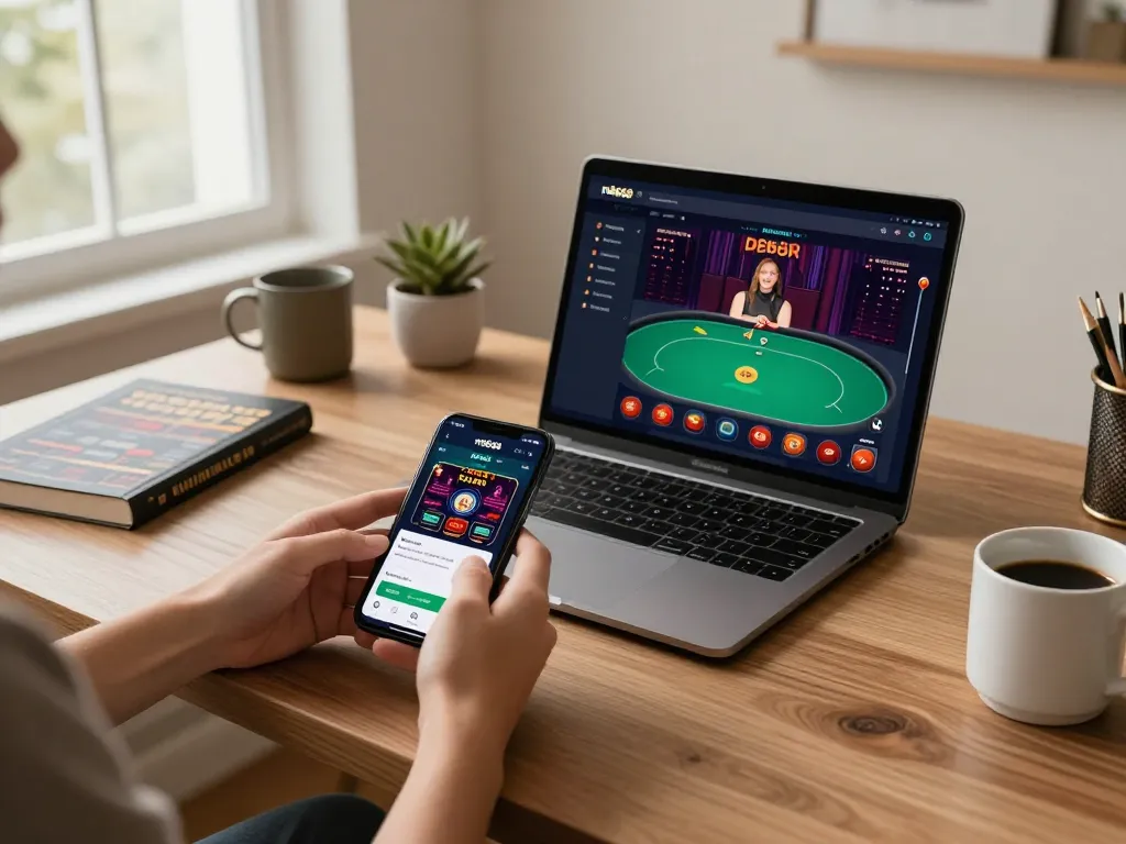 Engaging user playing mb668 casino app on smartphone in stylish home office setting.